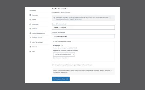 Modulo di richiesta recesso WooCommerce con selezione articoli e quantità