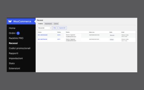 Elenco pratiche di recesso nel pannello WooCommerce